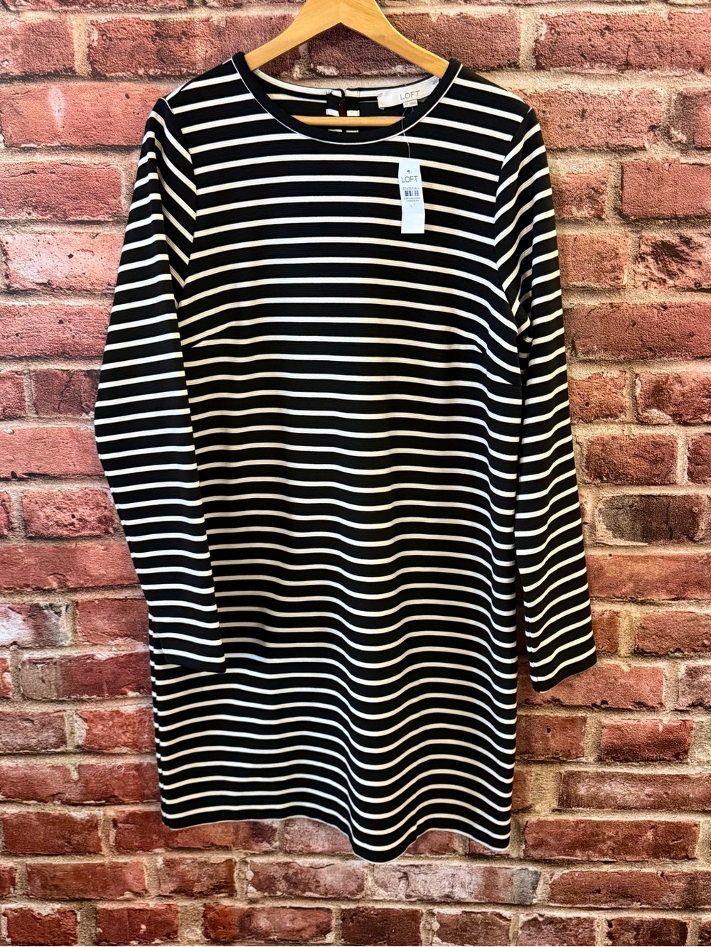 LOFT Black & White Striped Long Sleeve Shift Dress Large TALL